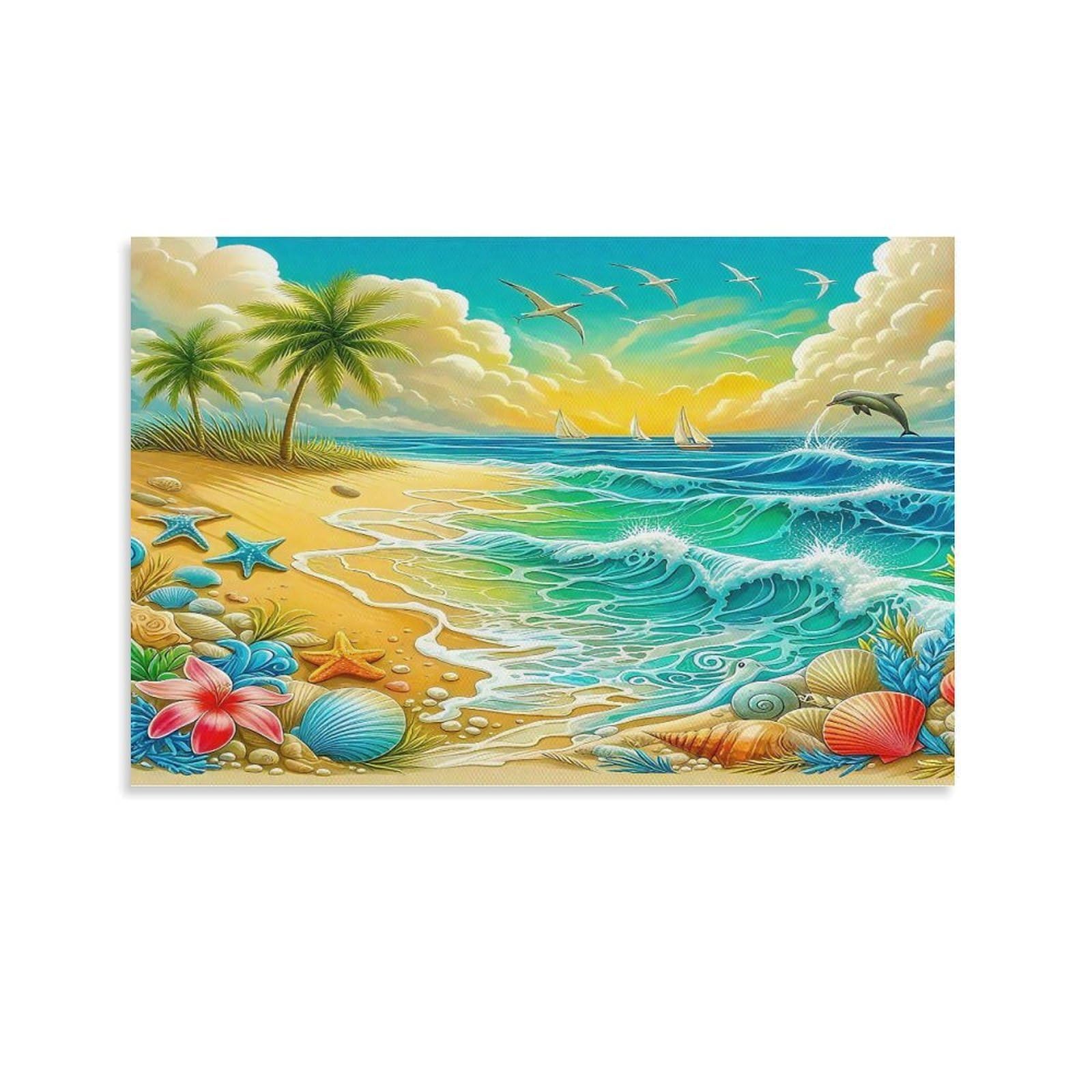 CPLVKWRQJ Sea Turtles on Heart-shaped Sand Beach Single Sunny Tropical Beach with Shells And Dolphin Canvas Wall Art - Housewarming Gift Living Room Focal Point Ready to Hang Decor 20x30inch(50x75cm)