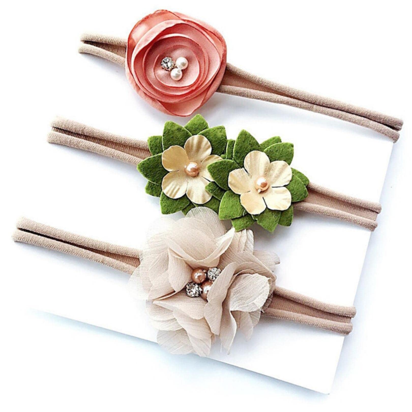 SYGA 3 Pcs Baby Headband Nylon Flower Stretchable HairBand for Newborn Infant Toddlers Kids 0-3 Year (Khaki, Free Size)-image-9