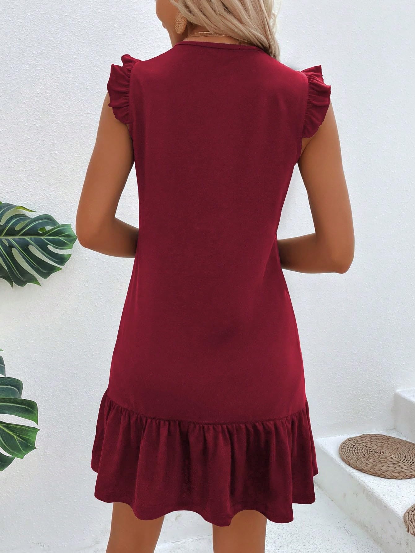 Amazon.com: Women's Dresses Ruffle Trim Button Front Smock Dress - Casual  Cute Sleeveless V Neck Short Dress Dress for Women(Burgundy,Medium) :  Clothing, Shoes & Jewelry