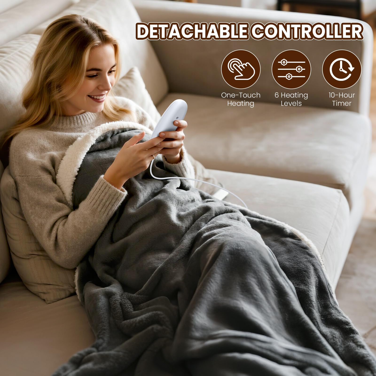 Heizdecke XXL 200x180 cm, Wärmedecke Elektrisch mit Abschaltautomatik, 6 Heizstufen, Elektrische Heizdecke für Bett und Sofa, mit Überhitzungsschutz, Waschbar