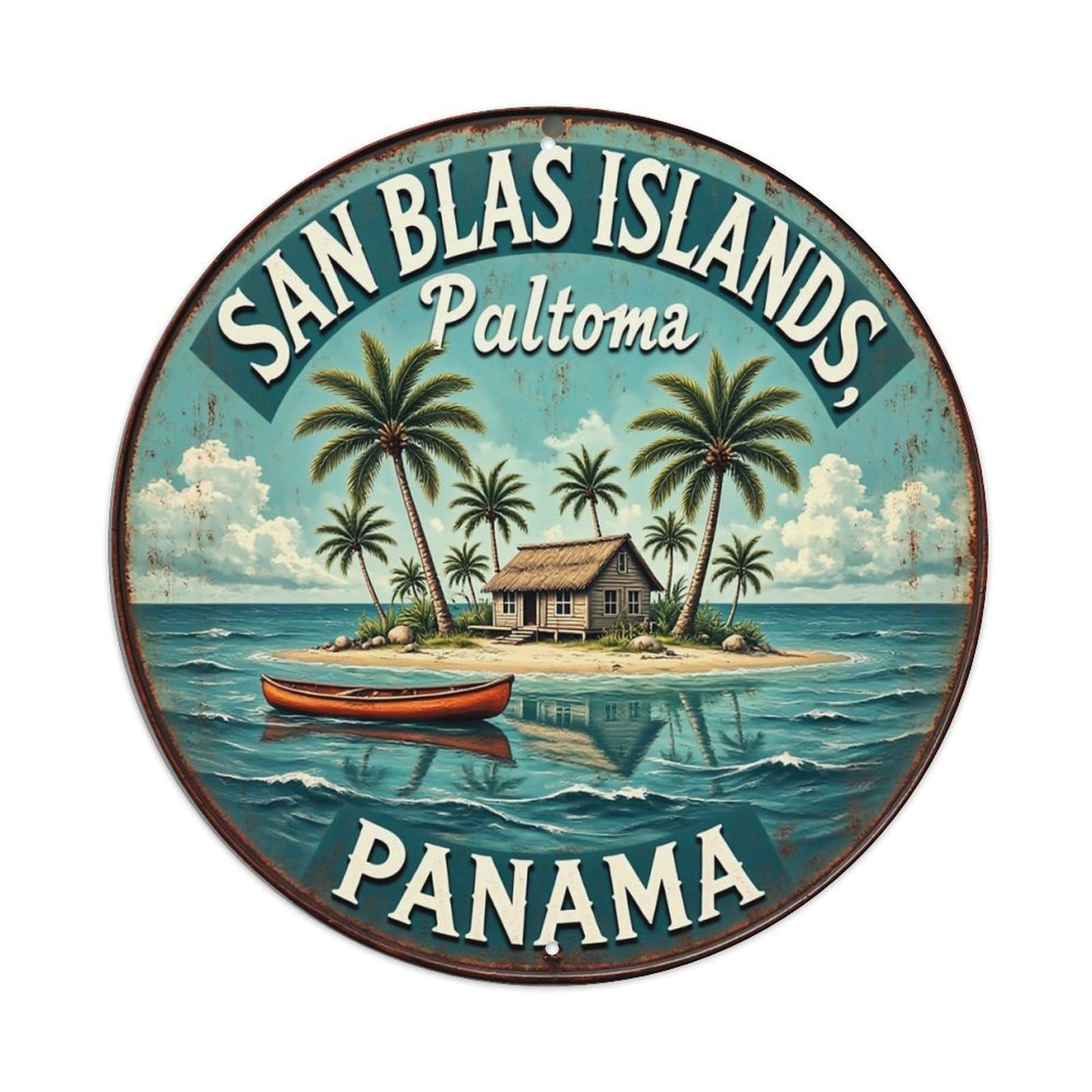 Tropical Island Scene With Palm Trees And Hut Vintage Round Tin Sign Retro Metal Wall Decor Metal Poster, Home Bar Garage Cafe Wall Art Decoration 8x8Inches