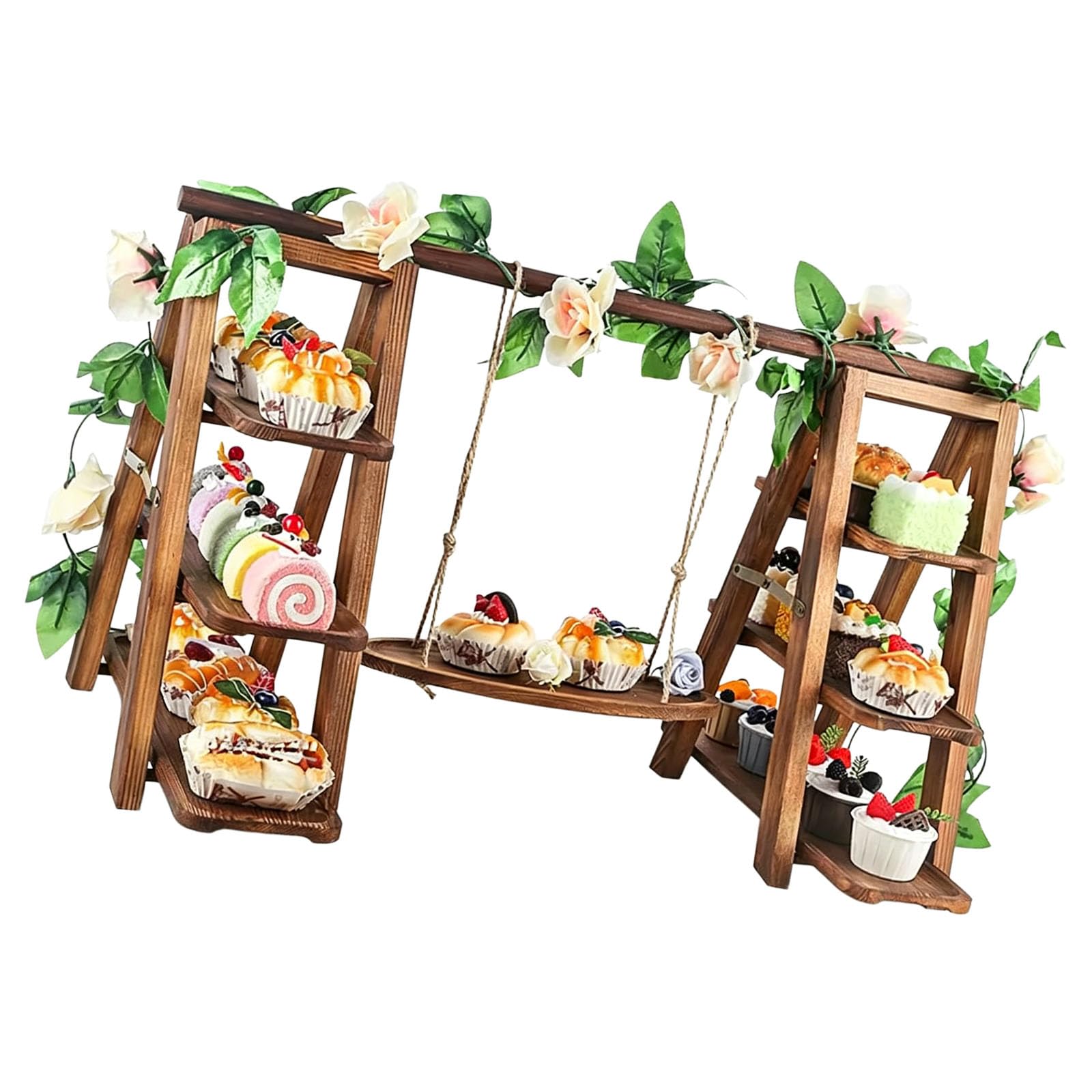 Elnwnnkc Wooden Multi Shelf Serving Tray Stand with Oversized Trays for Countertop Arrangement and Presentation Permanent Club Counter Planner Natural Wood Cupcake Holder Wooden Kitchen Planner