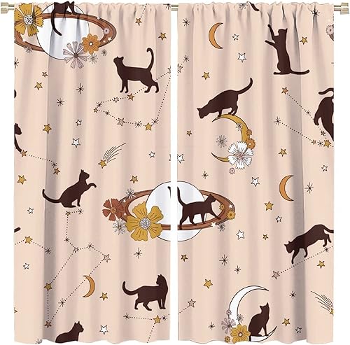 Cortinas opacas de constelación, sol, luna, estrellas, gatos, siluetas, impresión artística para sala de estar, dormitorio, cocina, decoración con
