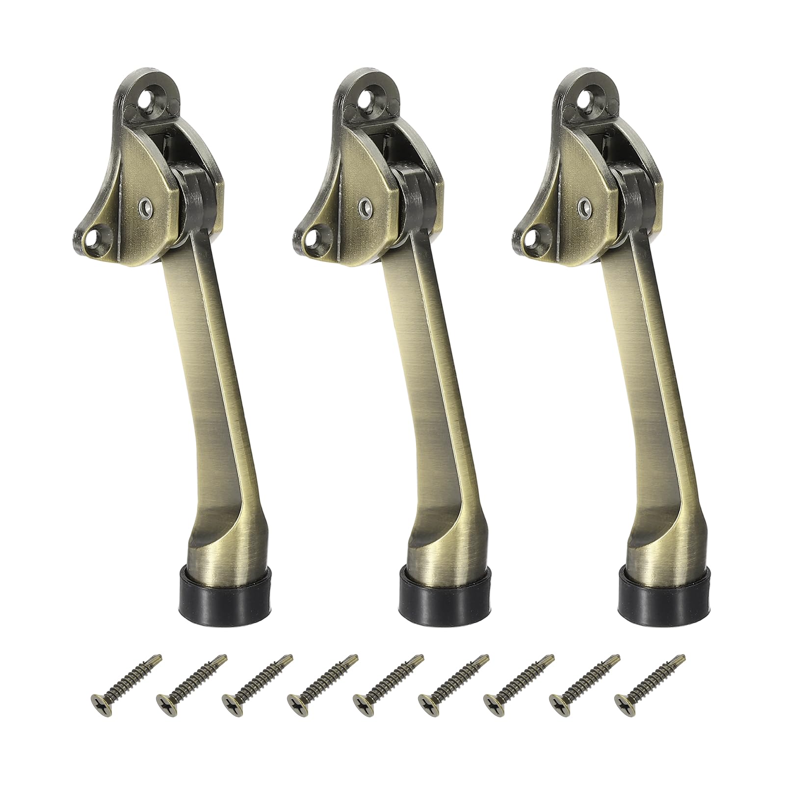sourcing map 3 Set Kickdown Door Stopper, 4.9" Zinc Alloy Kick Down Door Stoppers for Bottom of Doors One Touch Adjustable Doors Holder with Non-Slip Rubber Tip and Screws for Apartments, Brass