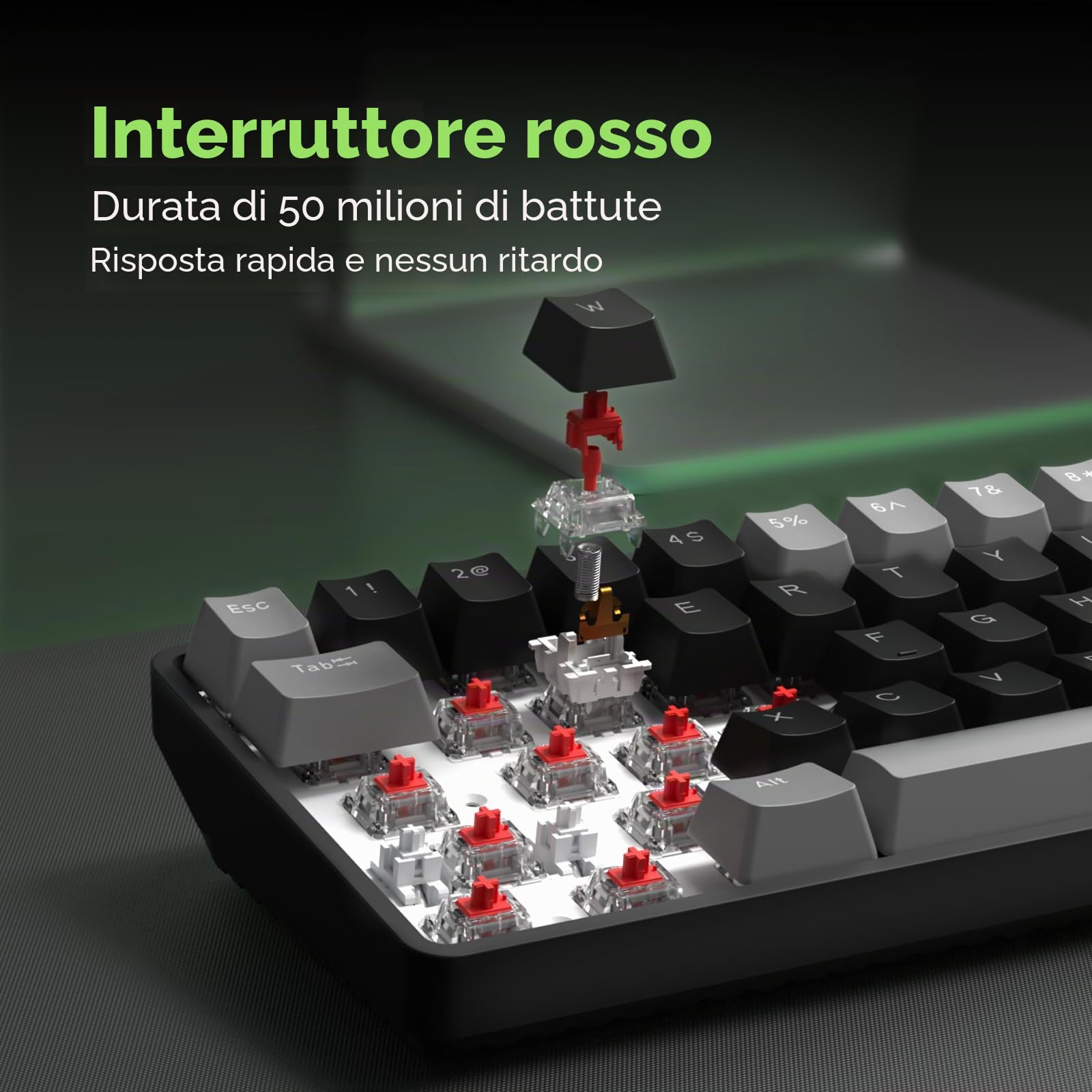 TMKB T68 Tastiera Meccanica da Gaming Wireless Tri-Mode (Bluetooth 5.0/2.4G/USB-C), Layout 60% con 68 Tasti Retroilluminazione RGB (QWERTY), Switch Rosso - Grigio/Nero