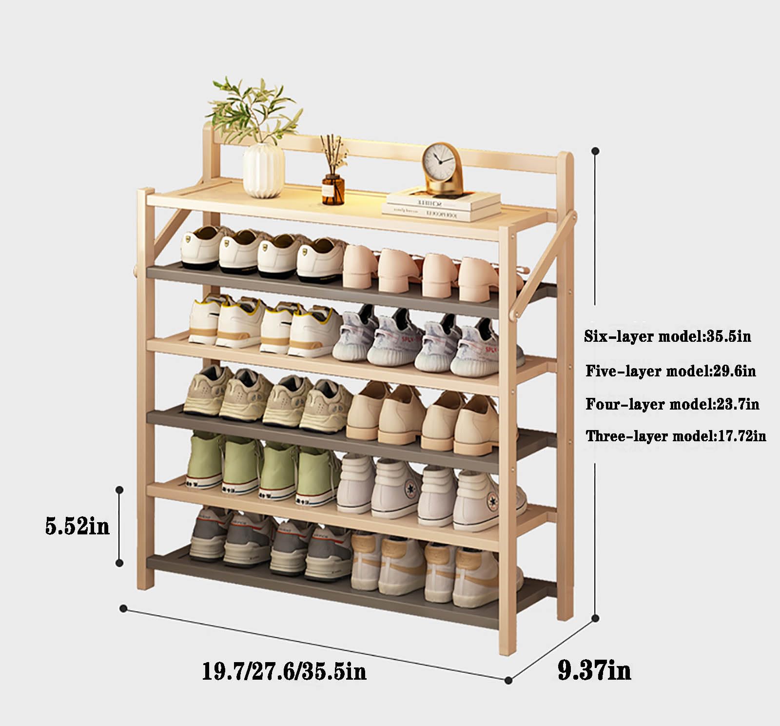 Organizador de zapatos de bambú con estante plegable multicapa para armario, entrada, banco de pie y almacenamiento portátil de zapatos (27.6 pulgadas de ancho x 9.37 pulgadas de profundidad x 23.7