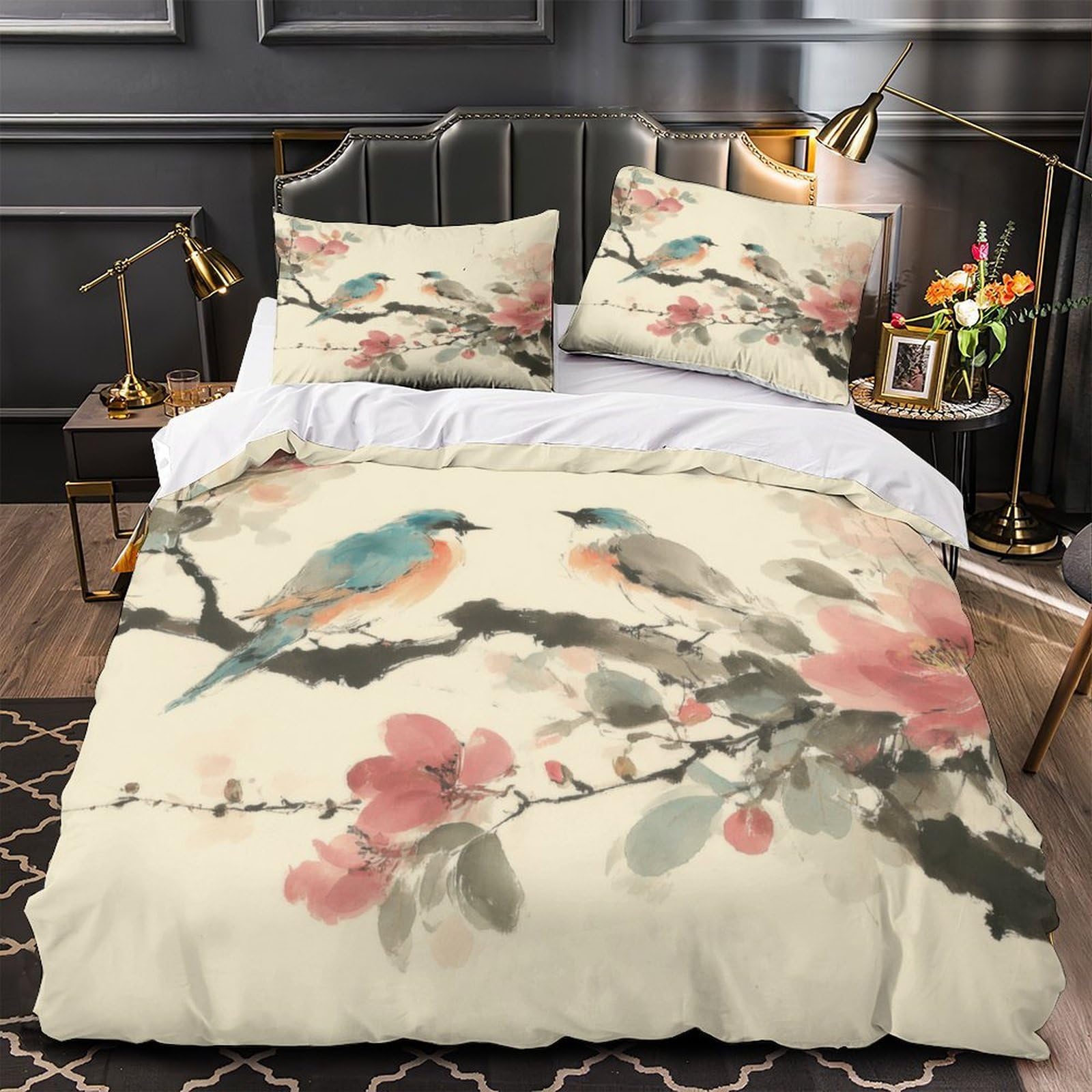 Parure housse de couette oiseaux en fleurs super king 260x220 en microfibre avec 2 taies