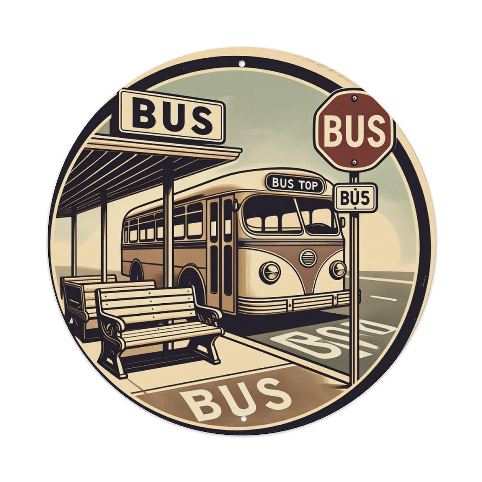 Bus Stop Scene Vintage Art Round Tin Sign Vintage Metal Poster, Home Bar Garage Man Cave Cafe Indoor & Outdoor Wall Decoration 8x8Inches