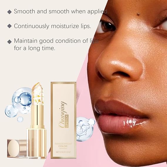 Colour Changing Lipstick, PH Adjusting Lipstick with Gold Foil, Transfer Proof & Long Lasting Moisturizing Clear Lip Stick, Hydrating, Glossy, for All Skin Tones
