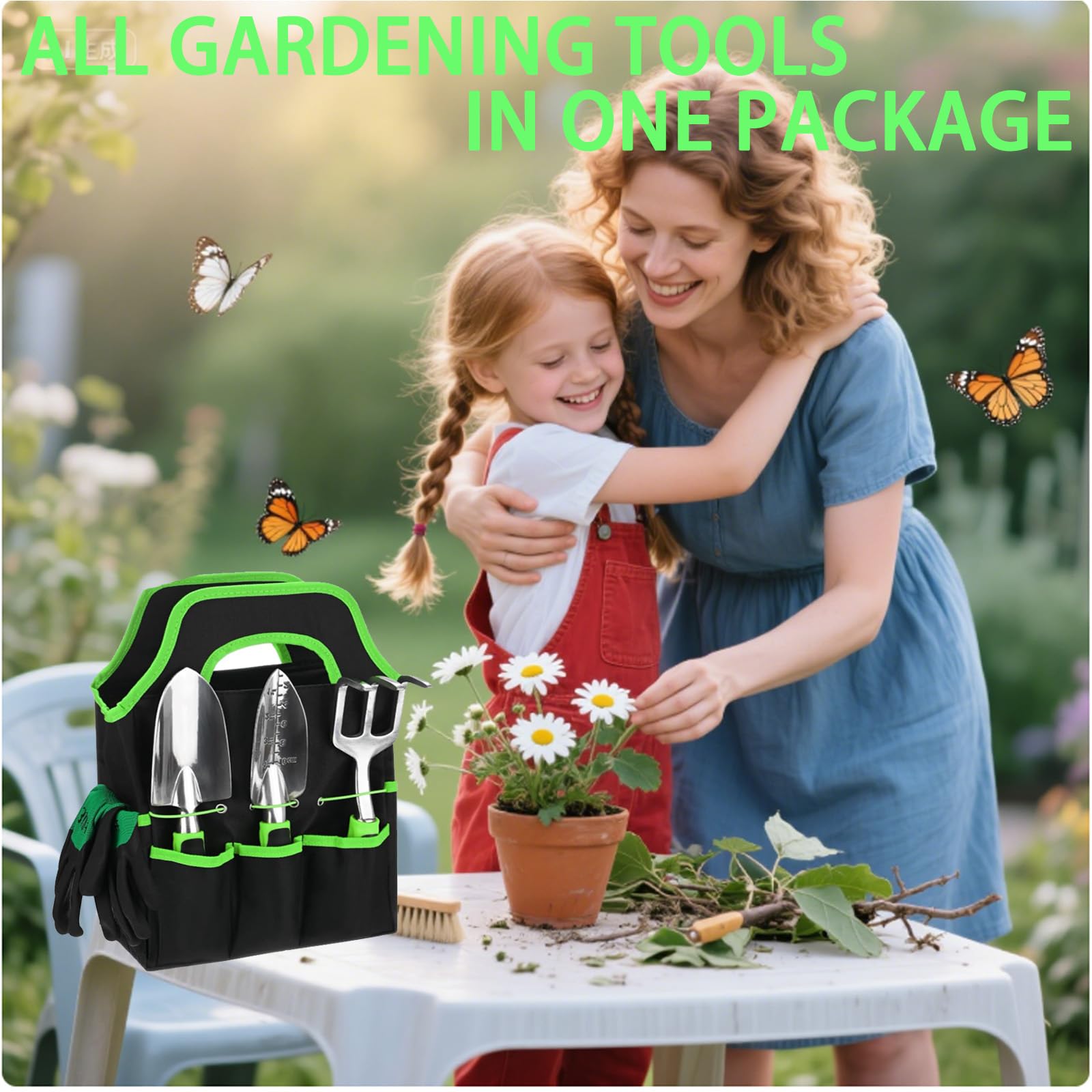 Herramientas de jardín, juego de 7 herramientas manuales de jardinería, juego de regalo de aleación de aluminio ligero a prueba de óxido con bolsa de almacenamiento duradera, mango ergonómico