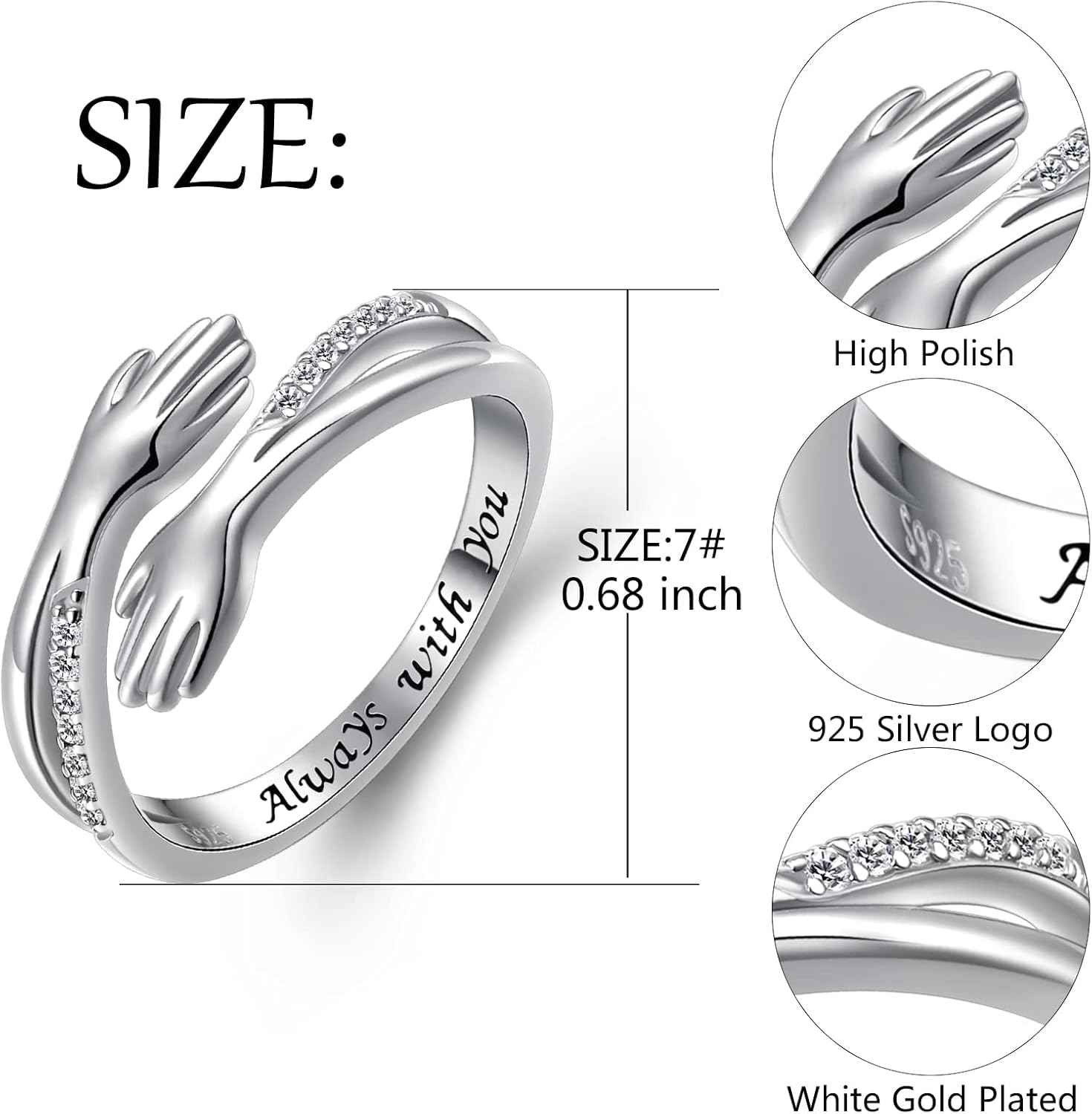 Yearace Hug Ring, S925 Sterling Silver Hug Rings for Women Girl, Hugging Hand Open Promise Ring, Mothers Day Valentine's Day Birthday Gifts - Image 5