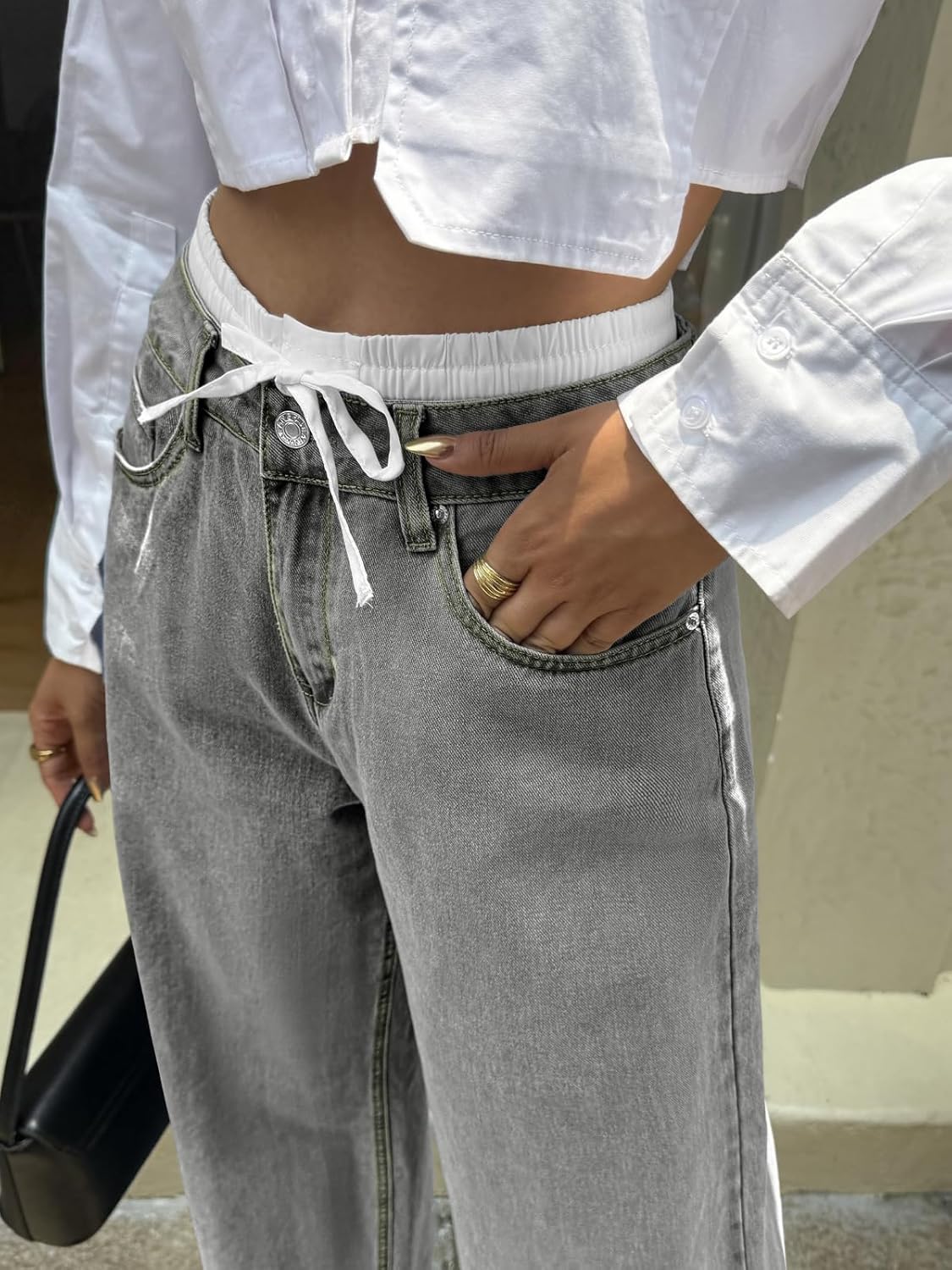 Cicy Bell Womens Wide Leg Jeans High Waisted Drawstring Color Block Patchwork Baggy Loose Y2K Denim Pants with Pockets - Image 4