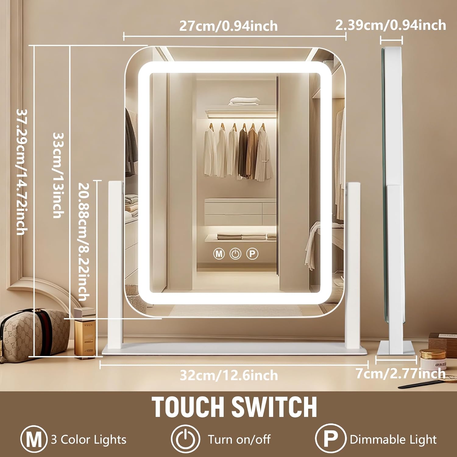 Ratsamee Vanity Mirror with Lights 15"×13", Led Makeup Mirror, Lighted Makeup Mirror with 3 Color Dimmable Lights, Smart Touch Screen Control, 360°Rotation