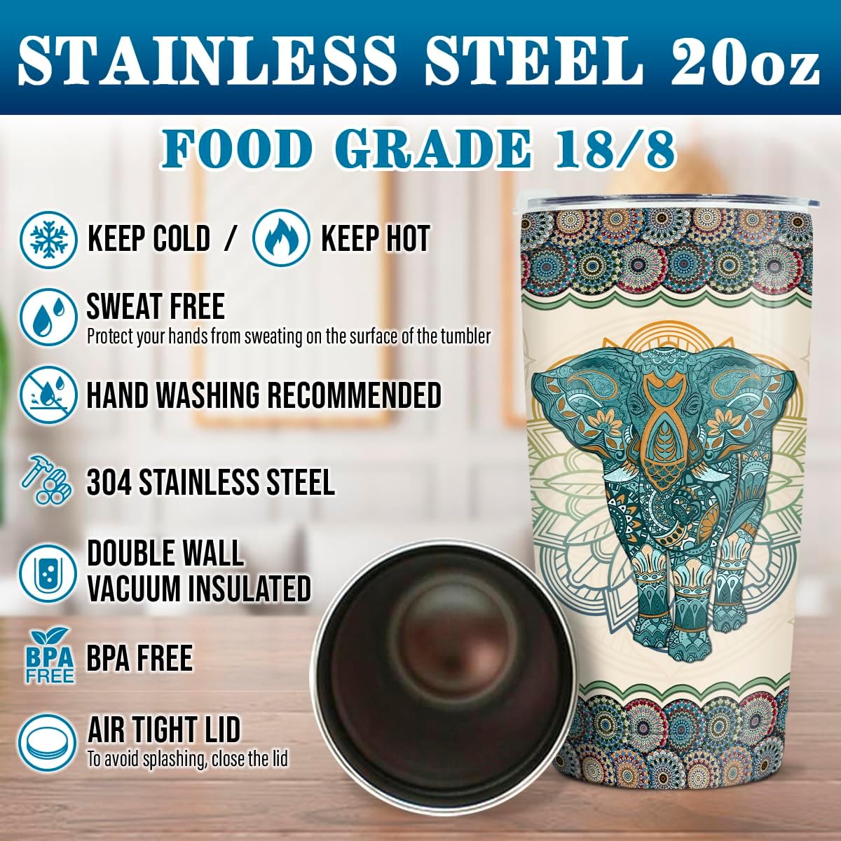 wowcugi Elephant Tumbler 20oz Mandala Style Coffee Travel Mug Stainless Steel Insulated Tumblers Gift for Women, Girls, Mothers Day, Birthday, Christmas - Image 3