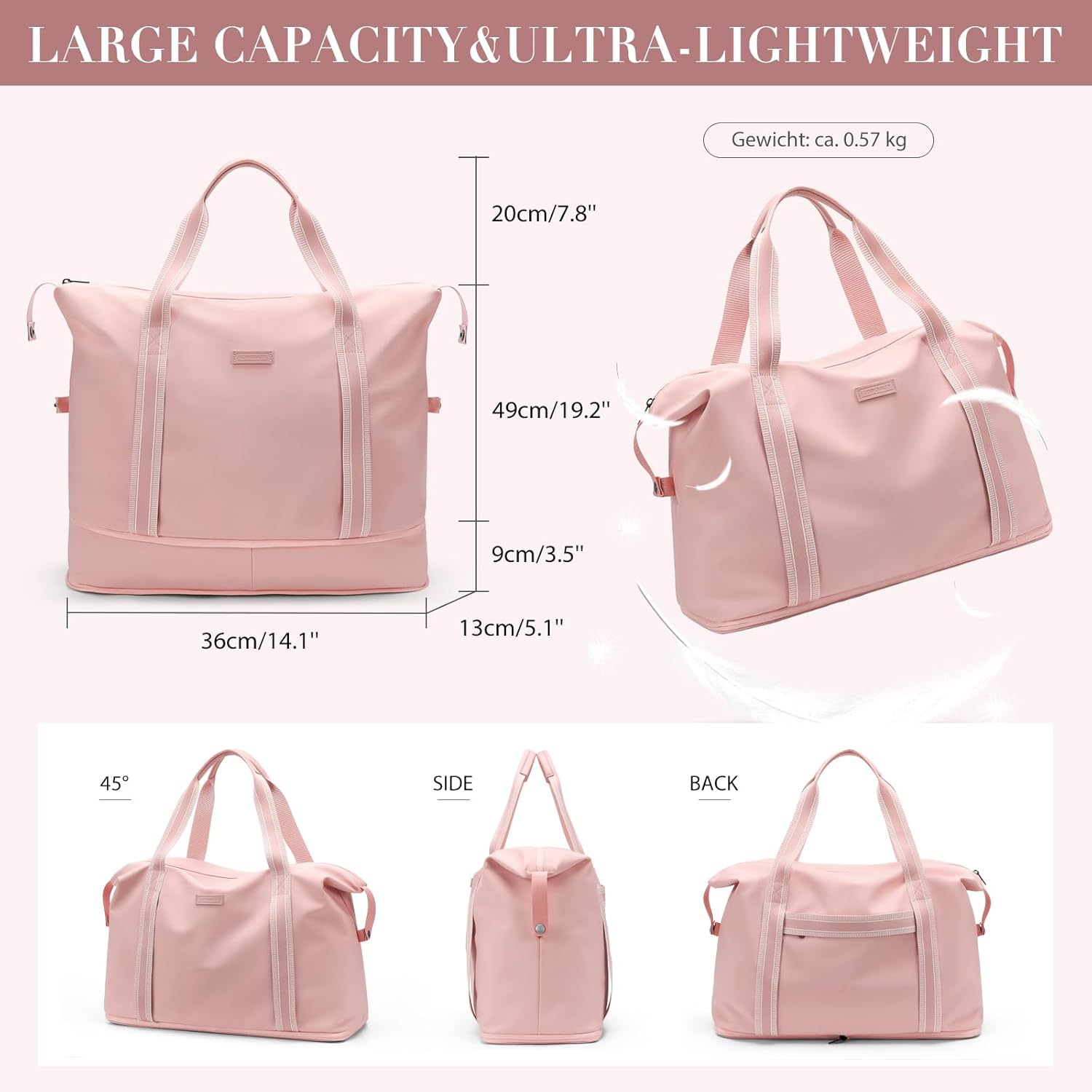 Foldable Travel Duffel Bag Carry On Yoga Tote Bags for Women Travel Sport Gym Hospital Bag Labor and Delivery Overnight Luggage Bag,40L,Pink