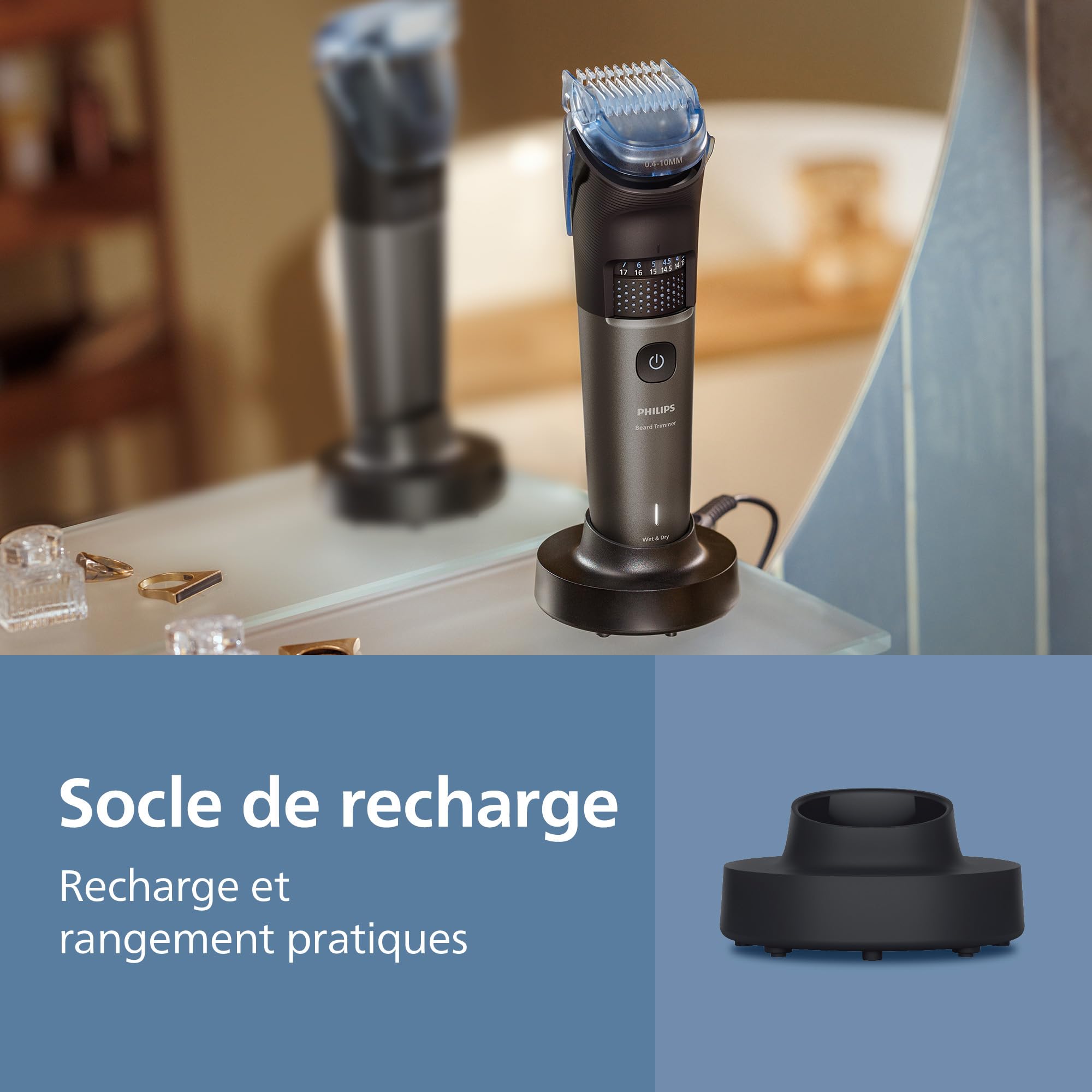 Philips Tondeuse à barbe série 7000 – Lames en métal auto-affûtées, 40 réglages réglables, technologie BeardSense, Collecte des poils, 100% étanche, Socle de recharge, Pochette souple, BT7660/15