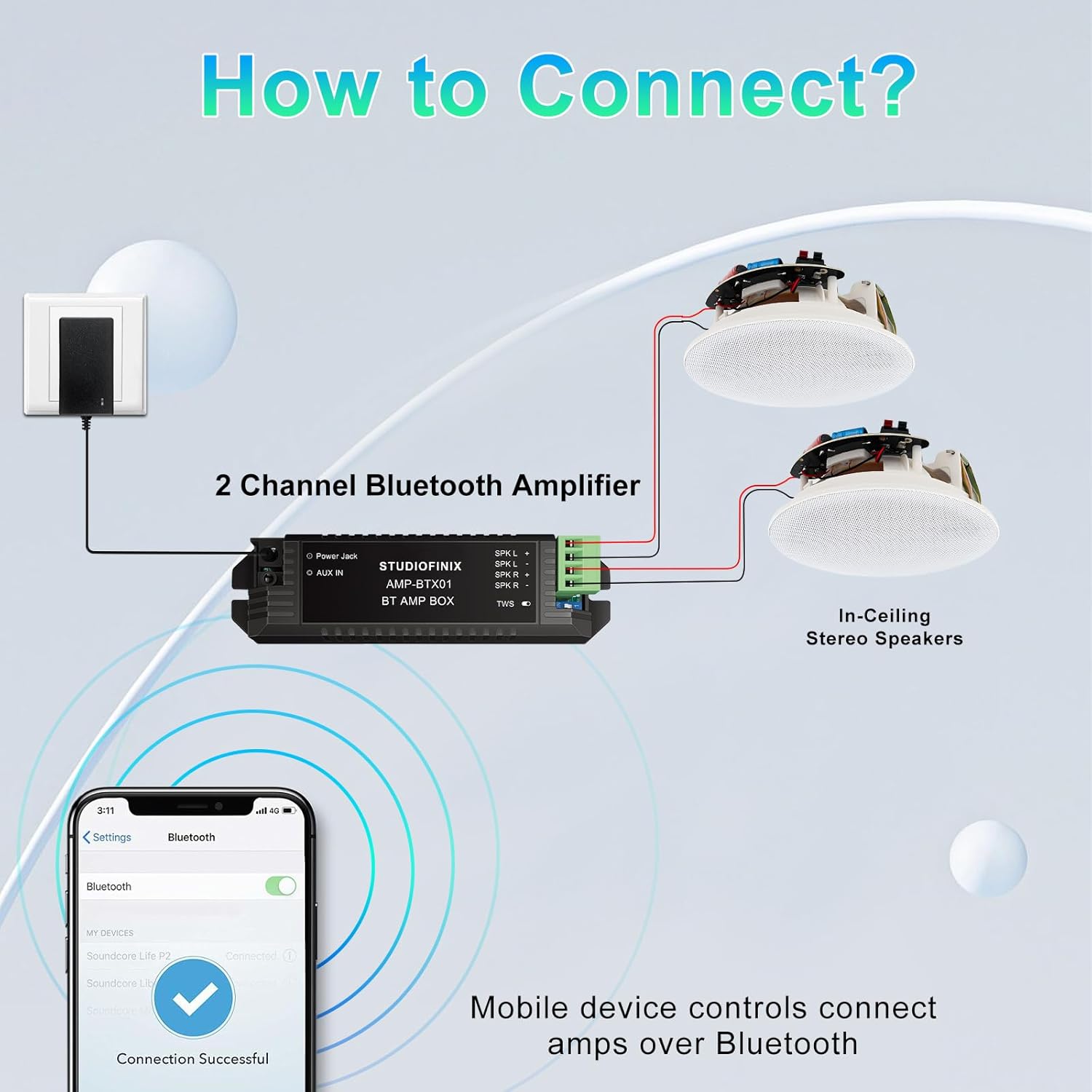 STUDIOFINIX 8-Inch Bluetooth Ceiling Speaker Complete System with A 2-Channel Amplifier, 400W Max Power Output Pair - Perfect for Clear Sound in Living Room, Office, Kitchen, Basement & Covered Patio