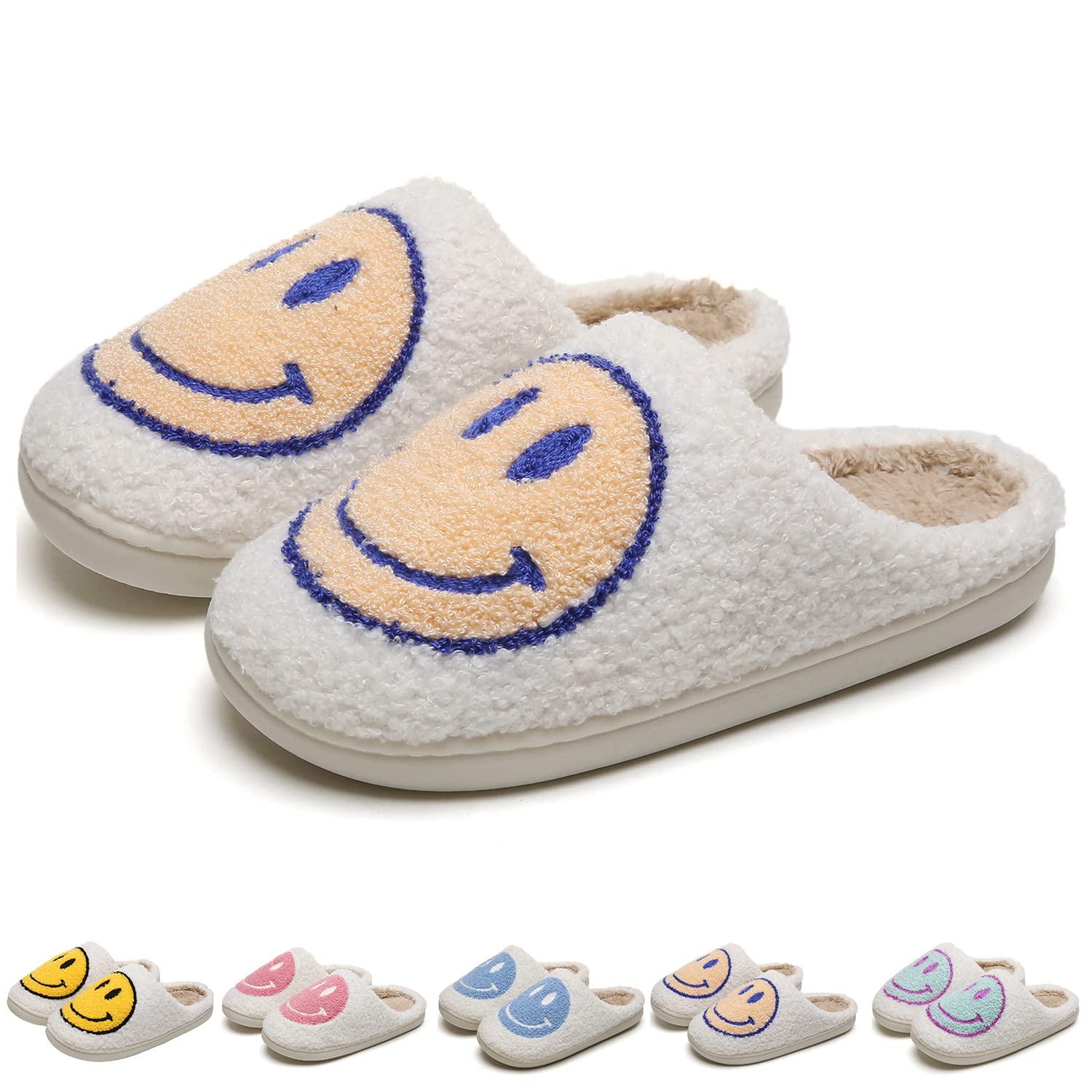 KEYUSHOP Happy Face Slippers for Kids Smile Face House Slippers Soft Plush Warm Preppy Slipper Anti-Slip Winter Fuzzy House Shoes for Toddler Girls