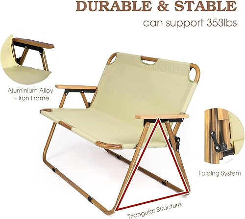 Miniatura 3 de TRY & DO Silla de camping de dos plazas para 2 personas, silla de camping portátil de doble asiento con reposabrazos de madera, banco de campamento