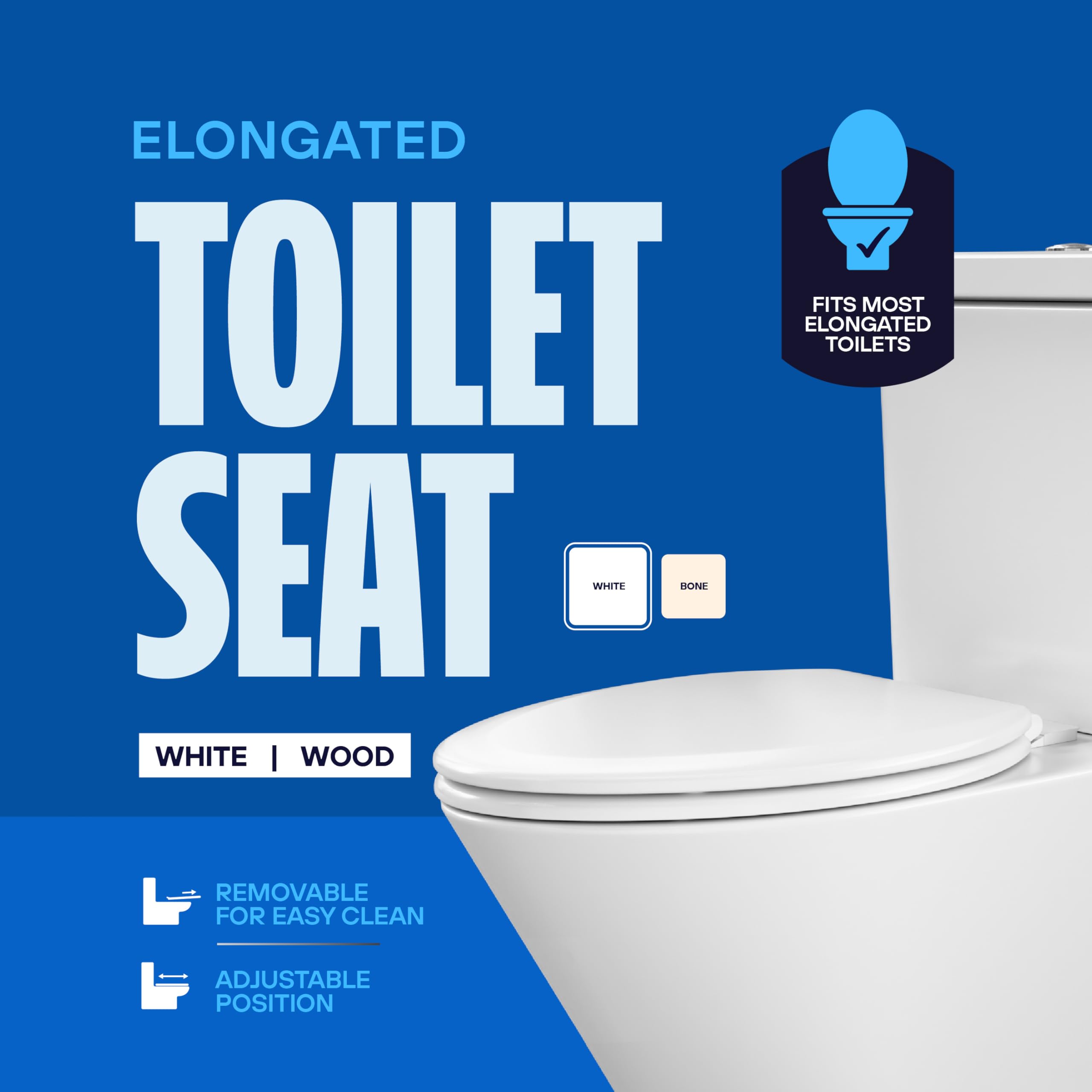 Highcraft W2TSWE Asiento de inodoro alargado de madera moldeada fácil de quitar, bisagra ajustable, color blanco