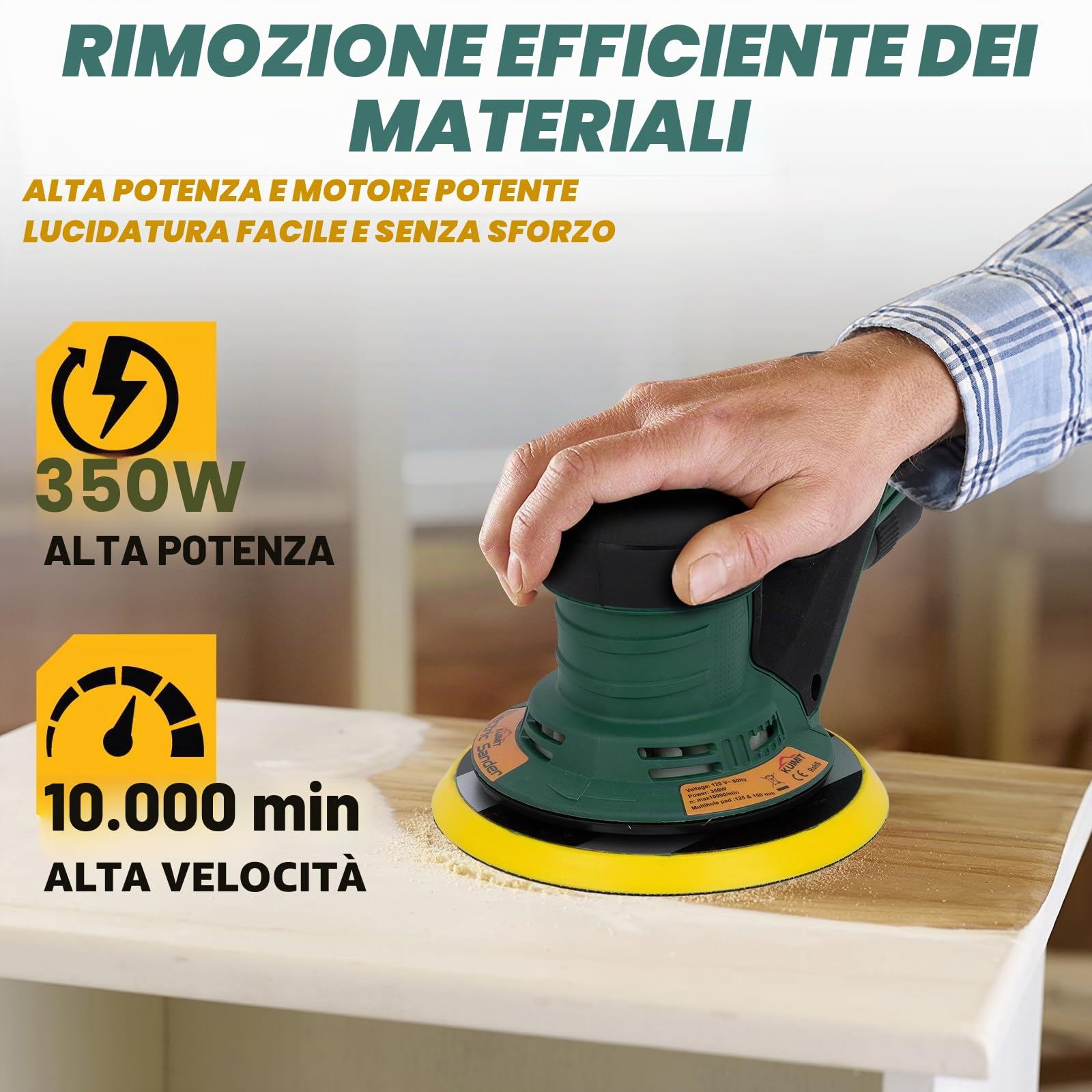 Levigatrice Orbitale Random, Potenza Senza Spazzole da 350W con Plateau Duali da 125/150mm, Velocità Variabile 4000-10.000 RPM, Bestia Senza Polvere per Lavori su Legno, Pavimenti, Auto
