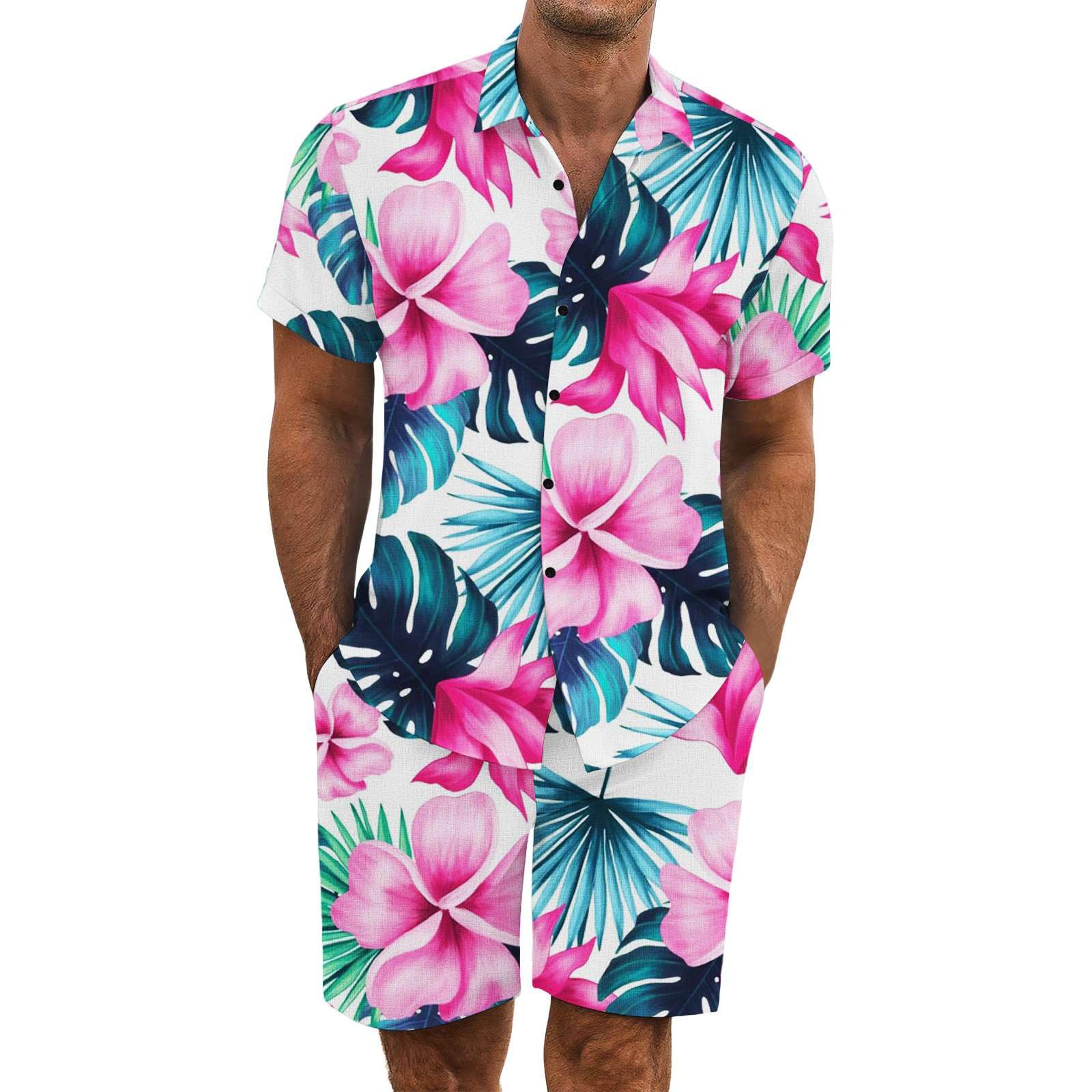 2 Pezzi Uomo Estiva Traspirante in Misto Lino - Completo Stampato e Pantaloncini Tute da Sportivo Completo Leggero Estivo Traspirante Italiana Outift per Vacanza e Tempo