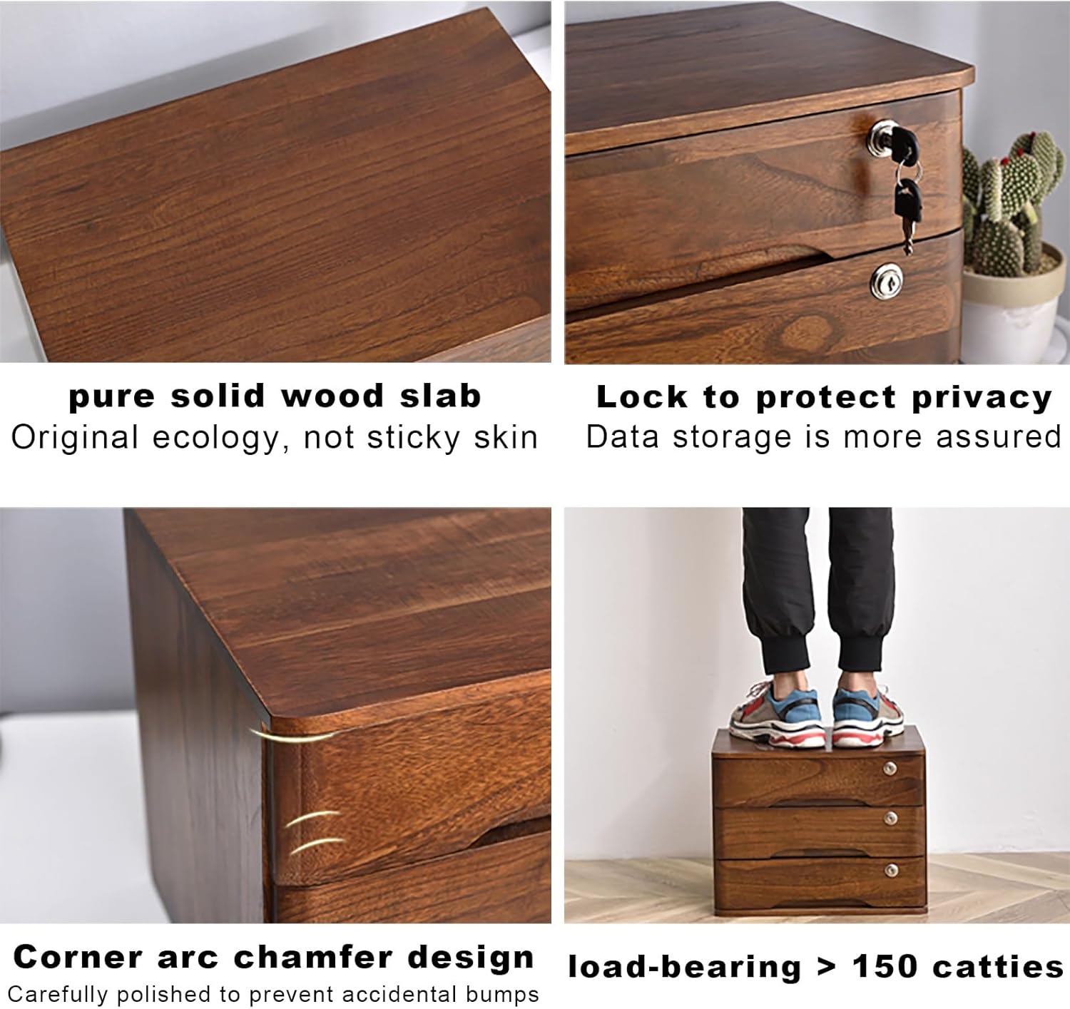 Wood Storage Box with Lockable Drawers - Solid Flat File Cabinet for Office Supplies and Desk Accessories