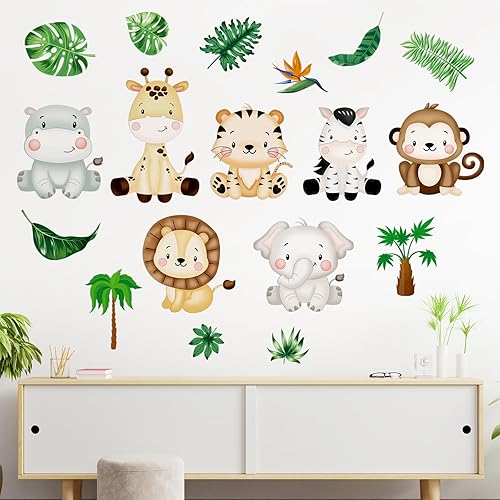 9 hojas de calcomanías de pared de animales de safari para bebé, animales de la selva, elefante, cebra, jirafa, hipopótamo, hoja de león, decoración
