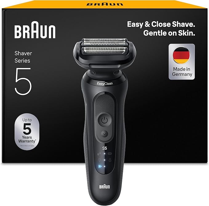 Braun Rasoir Electrique Homme Series 5 52-N1000SI Noir, Etanche, Lames Flexibles Pour Raser Doucement Visage et Barbe, 2 Modes De Rasage, Coffret Avec Brosse De Nettoyage, Emballage En Carton