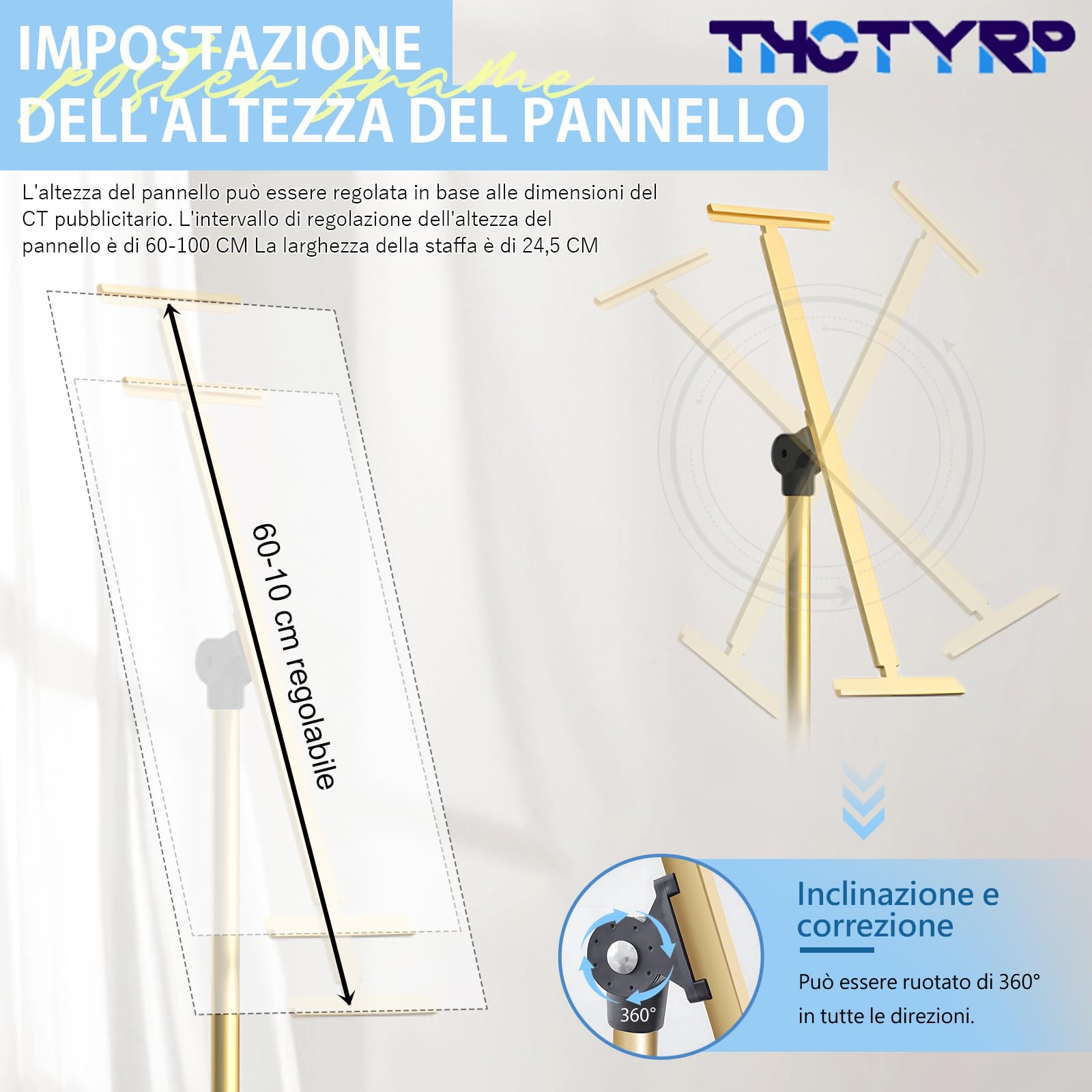 Cartello in piedi, supporto per cartelli per esterni, regolabile in altezza 60-100, altezza regolabile 100-190 cm, altezza del supporto 135-160, fondo rotondo Φ28 cm (oro)