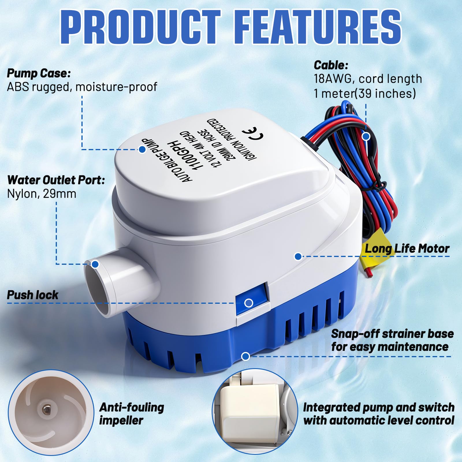 Pompa di sentina automatica, 12 V, 1100 GPH, 29 mm, marina, sommergibile, con interruttore di galleggiamento, per barche, stagni, piscine