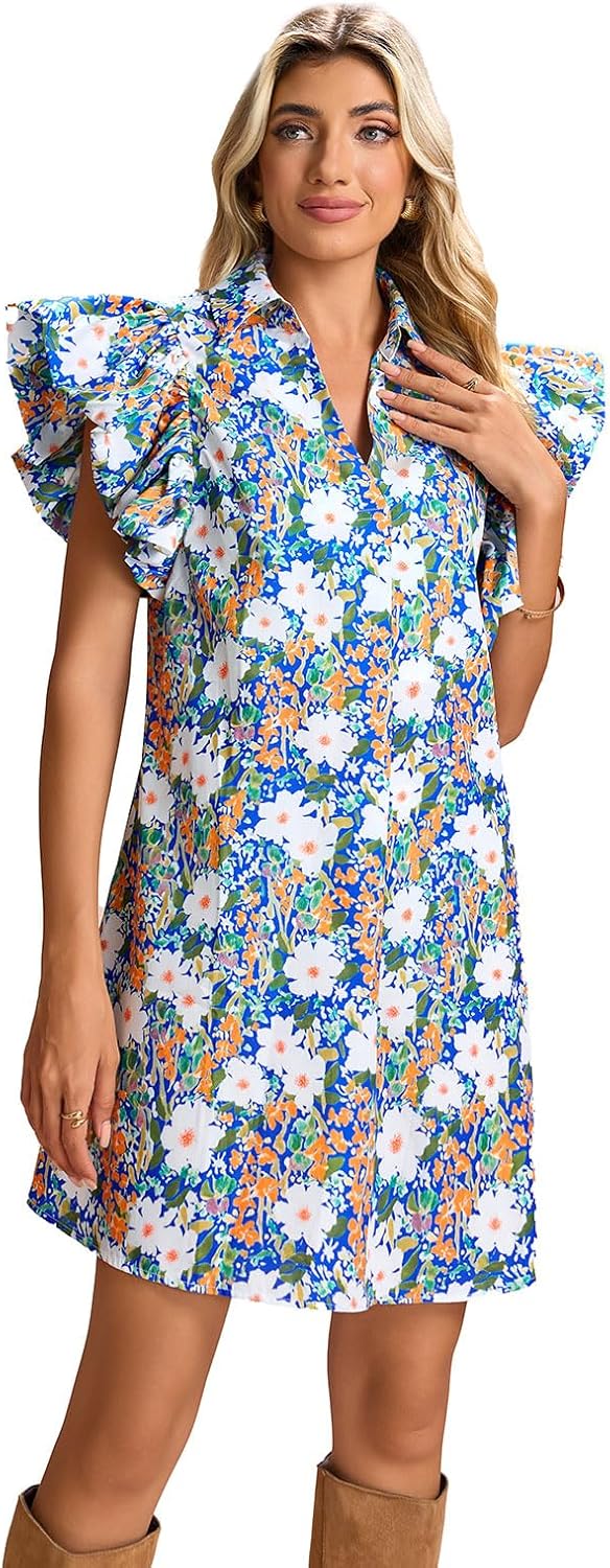 hibshaby Women's Floral Babydoll Mini Dress V-Neck Ruffle Sleeve Cute Dress Sundress - Image 2