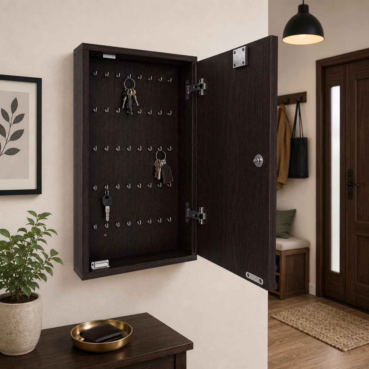 Engineered Wooden Wall Mount Key Holder Box 40 Metal Hook Wenge Home Office Kitchen Hangers Stand Organizer Keyholder Multipurpose Smart Hanger-image-29