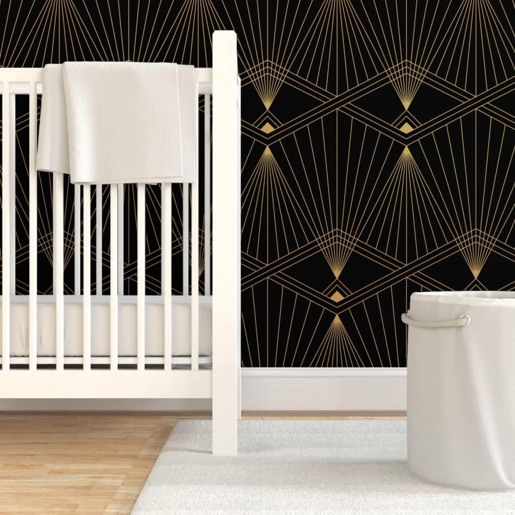 Spoonflower Removable Wallpaper 6ft x 2ft - Art Deco Black Gold Geometric Lines Vintage Roaring 20s Custom Pre-Pasted Wallpaper
