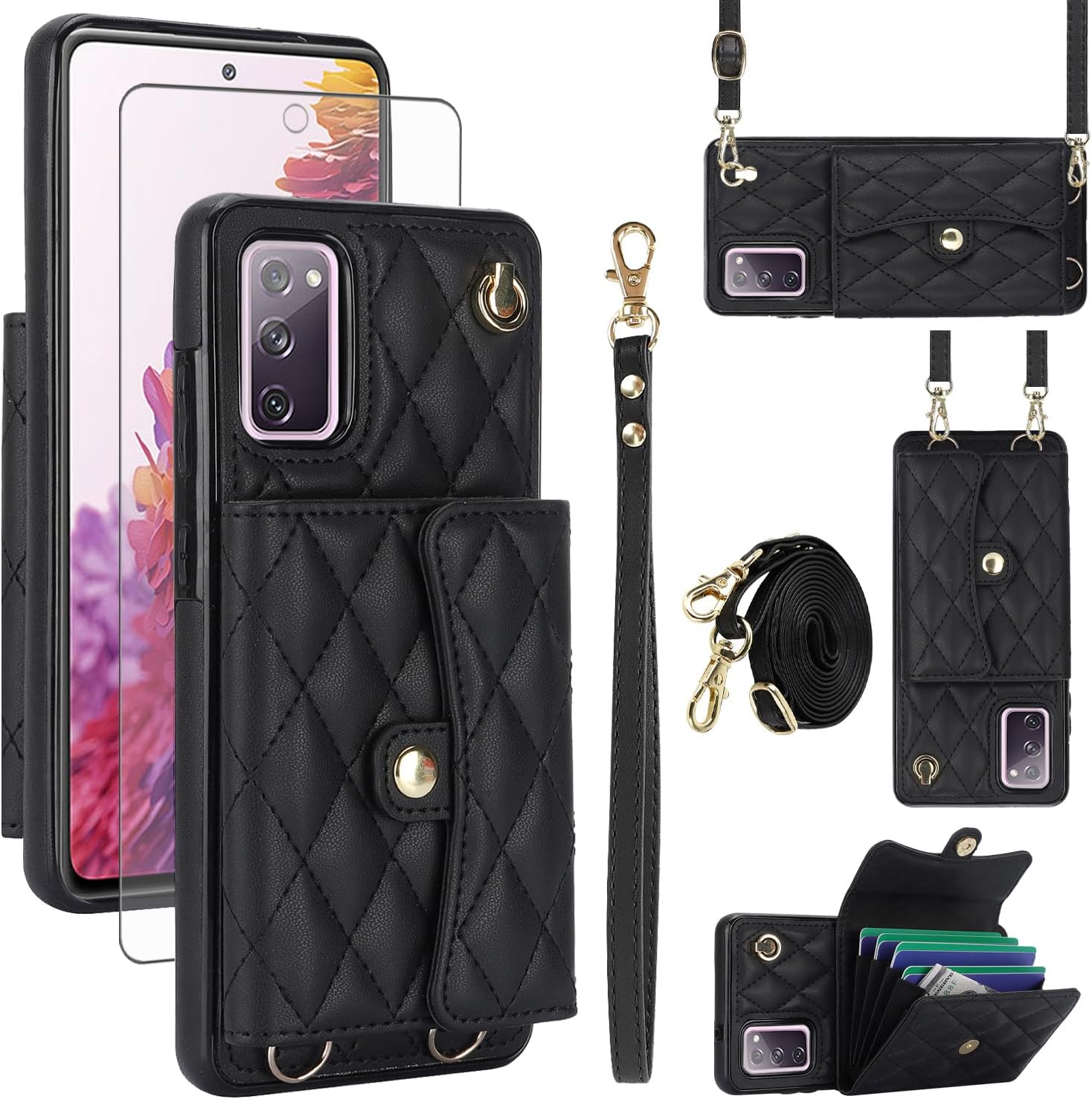 Asuwish Phone Case for Samsung Galaxy S20 FE 5G 6.5 inch Wallet Cover with Stand RFID Card Holder Strap Lanyard Cell S 20 EF UW S20FE5G S20FE 20S S2O Fan Edition 4G G5 Women Girls Black