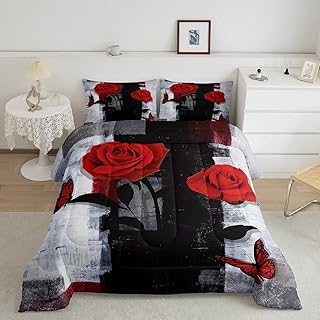 Ombre Watercolor Comforter Set for Girls Women,Black and Grey Oil Painting Bedding Set,Rustic Rose Butterflies Floral Duvet Insert Room Decor,Couples Anniversary Down Comforter with 2 Pillowcases,King