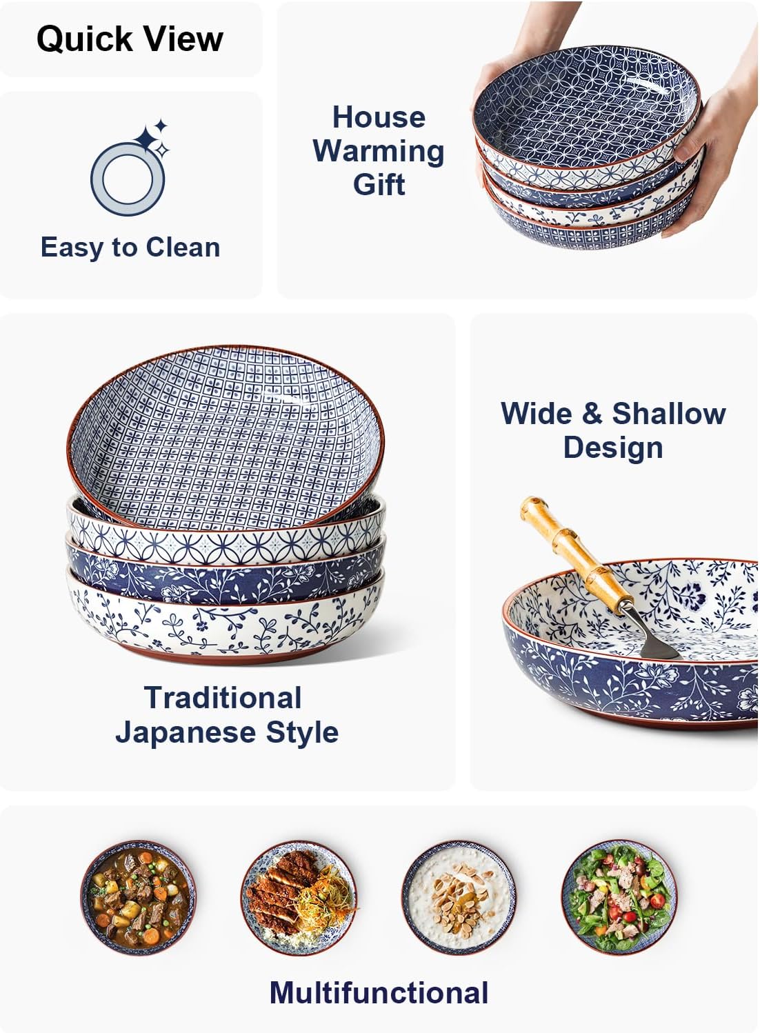 LE TAUCI Pasta Bowl 32 oz, Ceramic Salad Bowl, Japanese-Style Plate Bowls for Serving Pasta, Fruits, Salad, Noodle, Dinner, Soup, Mircrowave Oven Dishwasher Safe - 8.2 Inch, Set of 4, Vintage Blue