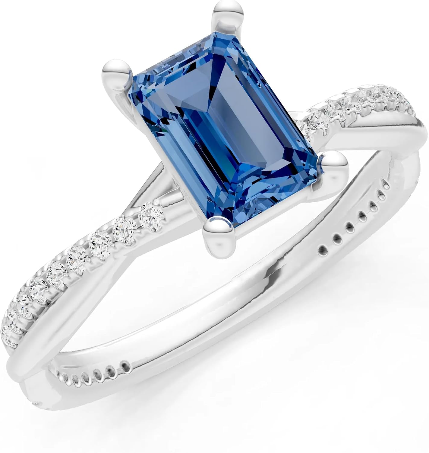 PEORA Emerald Cut Cut London Blue Topaz Solitaire Band Available in Solid 10K, 14K or 18K Ring – White, Yellow or Rose Gold