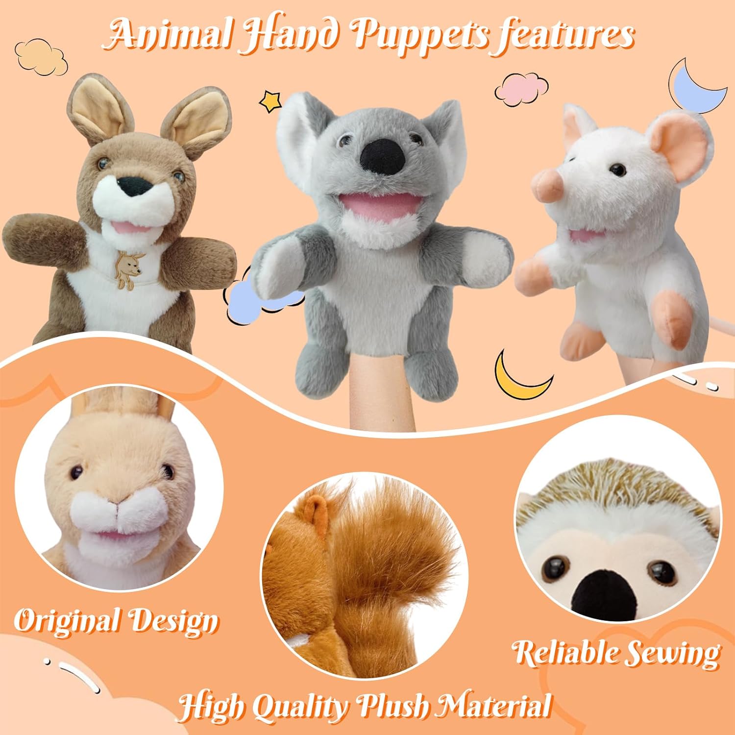 6 Pcs Animal Hand Puppets for Kids - 10 Inches Soft Plush with Movable Mouth, Interactive for Toddler Hands, Including Cute Animals, Imaginative Role Play, Storytelling, Birthday & Easter Gifts