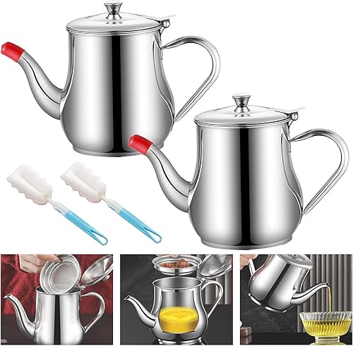 2 unidades de engrasador de acero inoxidable con colador, olla de filtro de aceite de acero inoxidable de 24 onzas, recipiente dispensador de aceite