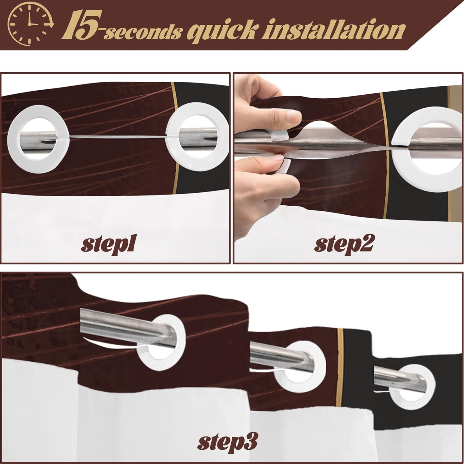 Dark Brown and Black Hookless Shower Curtain with Snap in Liner, Boho Mid Century Modern Brown No Hook Double Layer Shower Curtain and Liner Set, Waterproof Cloth Fabric, 71"W x 74"L (Pack of 1)