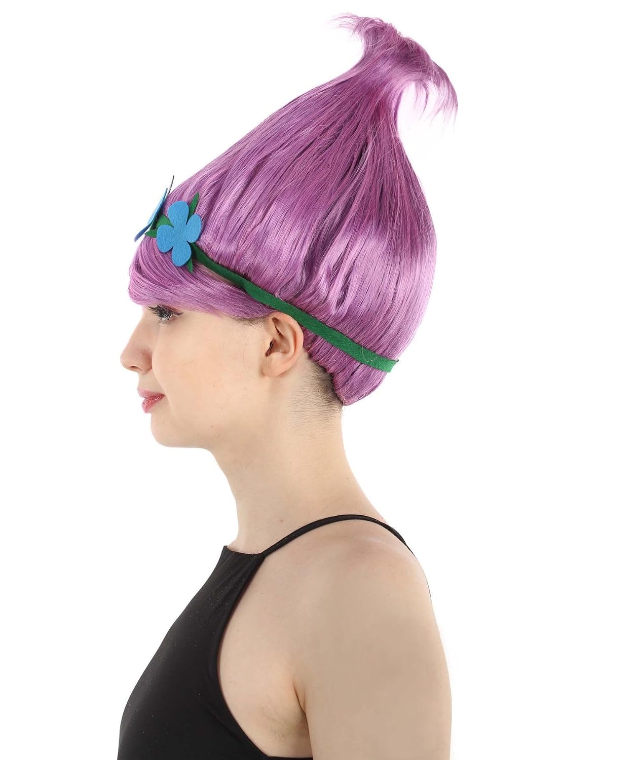Vibrant Pointed Princess Troll Dark Purple Pointy Wig with Green and Blue Floral Crown for Adult, Universal Capless Design Flame-retardant Synthetic Fiber