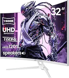 CRUA Monitor de jogos curvo de 32 polegadas, tela VA 144Hz/160Hz 4K UHD (3840 * 2160P) 1500R, suporta AMD Freesync, 120% sRGB, alto-falantes embutidos, iluminação RGB, instalações montáveis na parede