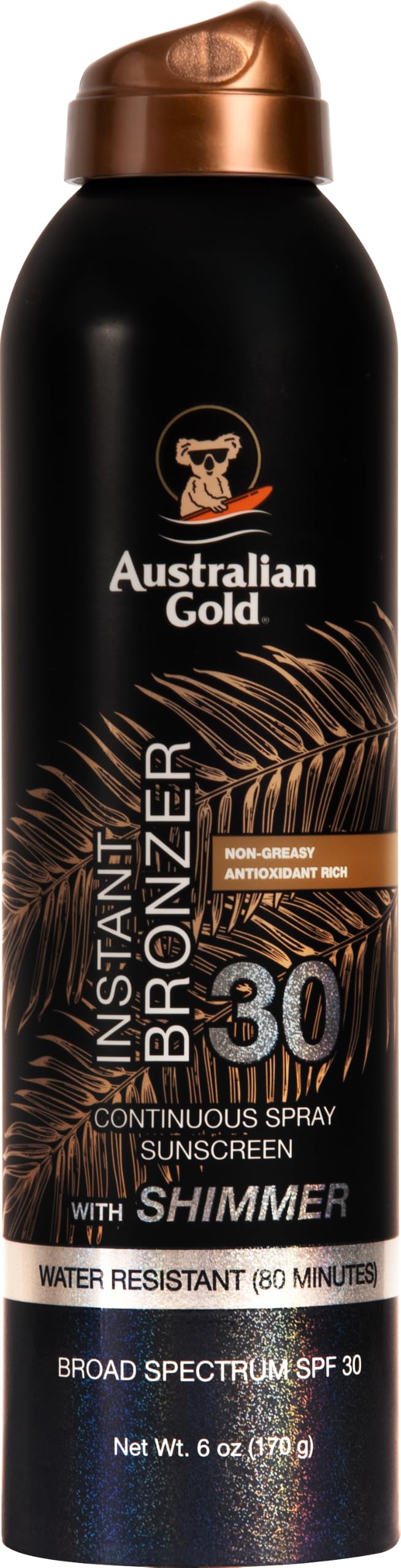 Australian Gold Sunscreen Spray SPF 30 | Instant Bronzer & Shimmer, 6 Fl Oz
