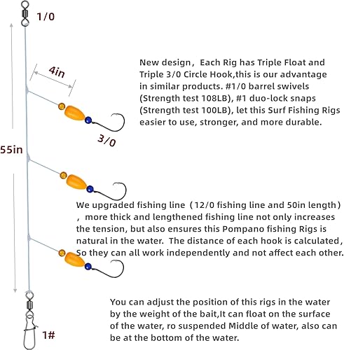 Miniatura 3 de 6Pcs Pompano Fishing Rigs Ready Kit，3 in 1 Float Rigs with Triple 3/0 Circle Hook for Surf Fishing，（12/0） Fishing line / 50in length/50lbTension in