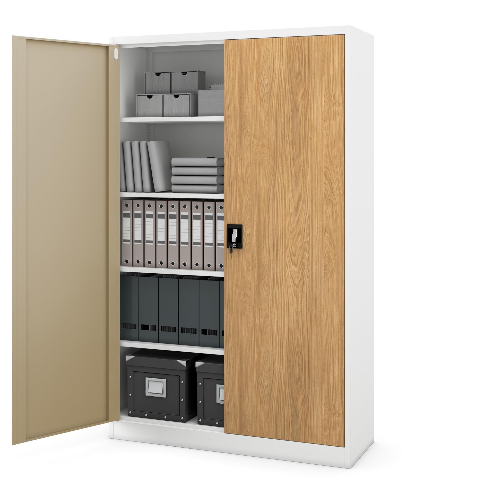 Jan Nowak Armoire de Bureau métallique verrouillable avec 4 étagères réglables pour dossiers et Archives en Acier Robuste 115 x 185 x 40 cm Blanc Chêne doré