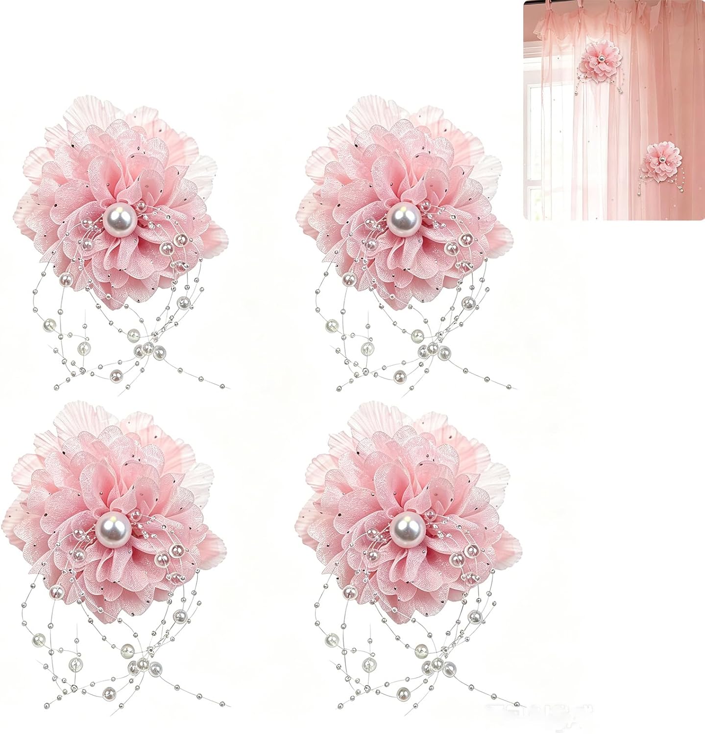 Organza Flower Curtain Brooch Pins, 5.12 in Decorative Clip Set of 4