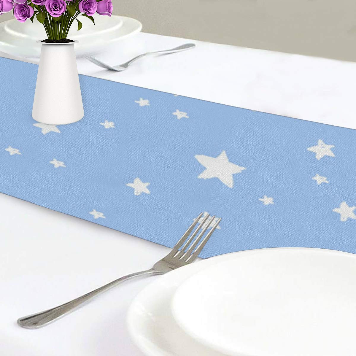 JUAMA Blue Stars Moon Table Runners Polyester Modern Table Cover Runner 13x70 Inch for Wedding Farmhouse Kitchen Dining Living Room Table Decor