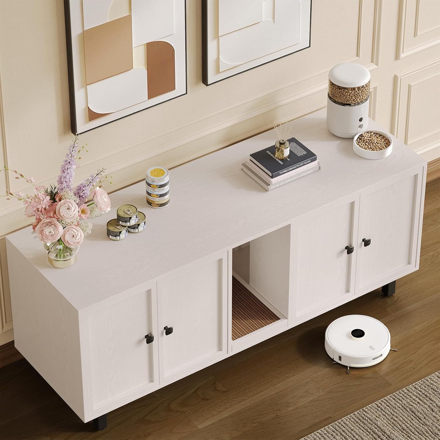 59 Inches Cat Litter Box Enclosure, Hidden Litter Boxes Furniture with Cat Scratch Pad, Large Indoor Pet House with Double Room for 2 Cats, TV Stand Storage Cabinet, Off White