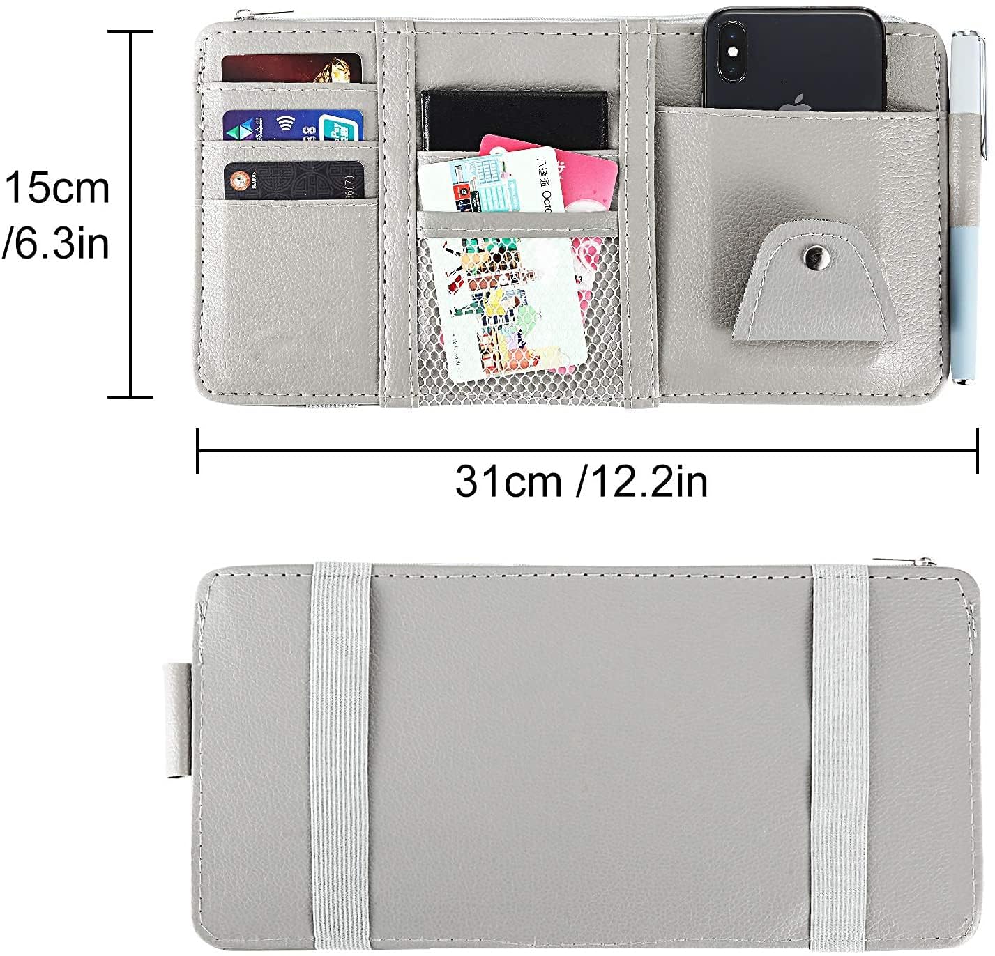 Car Sun Visor Organizer with Phone Holder, PU Leather Auto Storage Wallet for Cards, Glasses & Documents Premium – Multi-Pocket Holder Sunglasses, Phone, Cards Cash 2